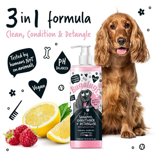Bugalugs 3 in 1 Raspberry & Lemon Dog Shampoo, Conditioner & Detangler - Image 3